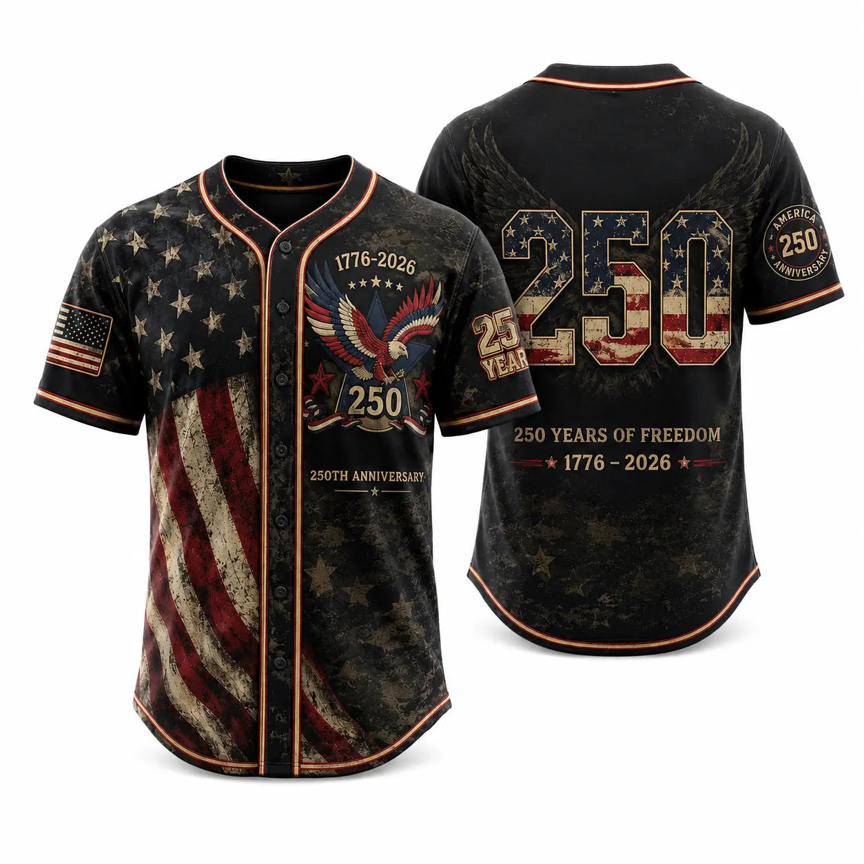 Unisex Patriotic Baseball Jersey, Vintage 250Th Anniversary Button down Shirt with Distressed American Flag Eagle Graphic for 4Th of July Outfits 1776-2026, Clothes, Shirts