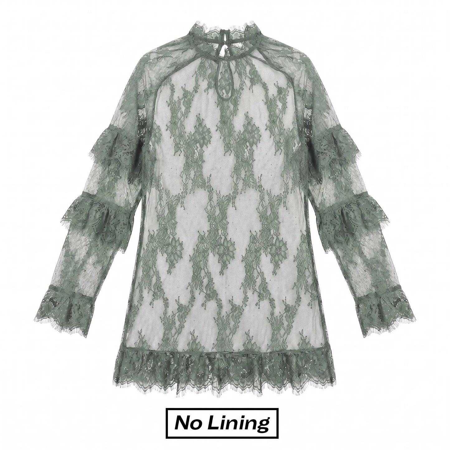Chicovar NO Lining! Women’S Sheer Black Lace Mini Dress, See Through, Unlined Long Sleeve Crew Neck Elegant Cocktail Dress with Ruffled Hem, Concert, Party, Evening Wear, Summervibes, Fashion