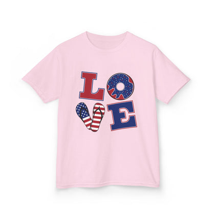 Kids Tee — Patriotic "LOVE" USA Flag Design (4th of July & Memorial Day)