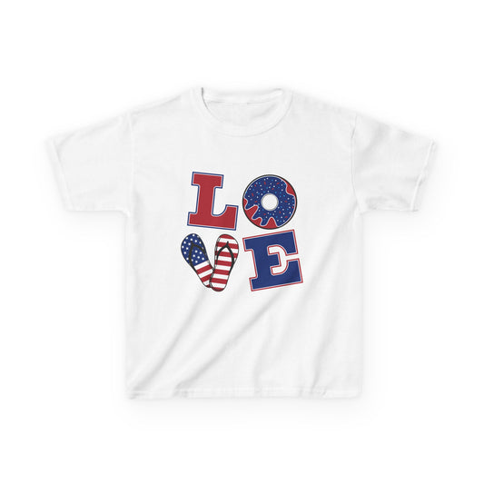 Kids Tee — Patriotic "LOVE" USA Flag Design (4th of July & Memorial Day)
