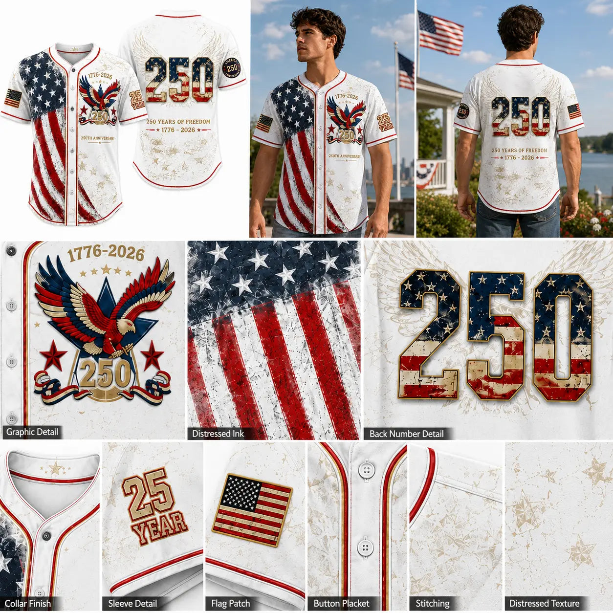 Unisex Patriotic Baseball Jersey, Vintage 250Th Anniversary Button down Shirt with Distressed American Flag Eagle Graphic for 4Th of July Outfits 1776-2026, Clothes, Shirts