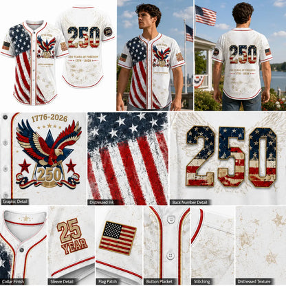 Unisex Patriotic Baseball Jersey, Vintage 250Th Anniversary Button down Shirt with Distressed American Flag Eagle Graphic for 4Th of July Outfits 1776-2026, Clothes, Shirts
