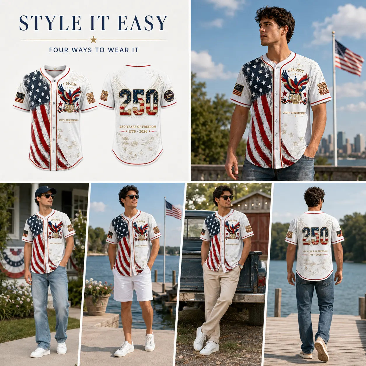 Unisex Patriotic Baseball Jersey, Vintage 250Th Anniversary Button down Shirt with Distressed American Flag Eagle Graphic for 4Th of July Outfits 1776-2026, Clothes, Shirts