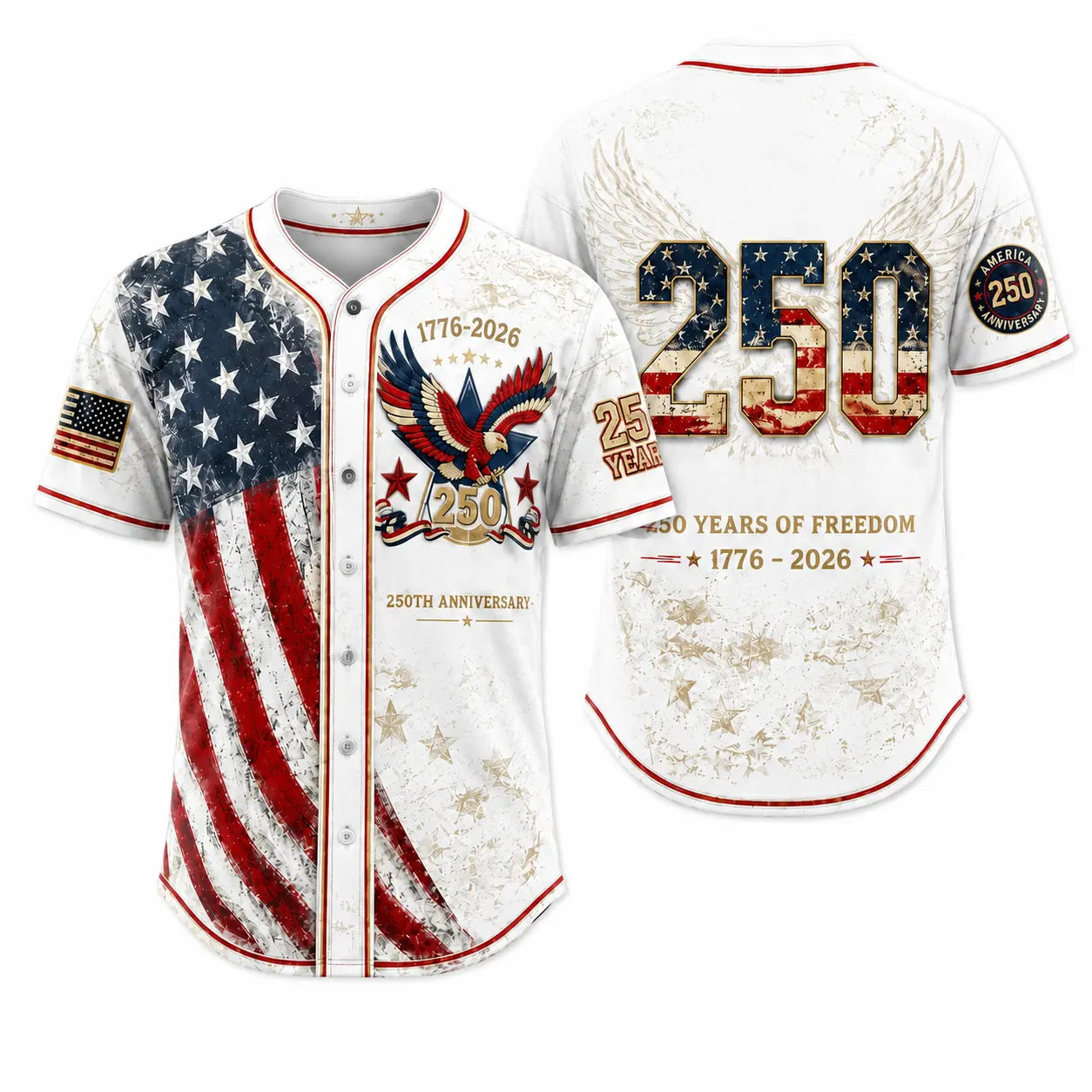 Unisex Patriotic Baseball Jersey, Vintage 250Th Anniversary Button down Shirt with Distressed American Flag Eagle Graphic for 4Th of July Outfits 1776-2026, Clothes, Shirts