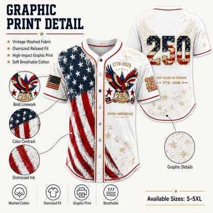 Unisex Patriotic Baseball Jersey, Vintage 250Th Anniversary Button down Shirt with Distressed American Flag Eagle Graphic for 4Th of July Outfits 1776-2026, Clothes, Shirts