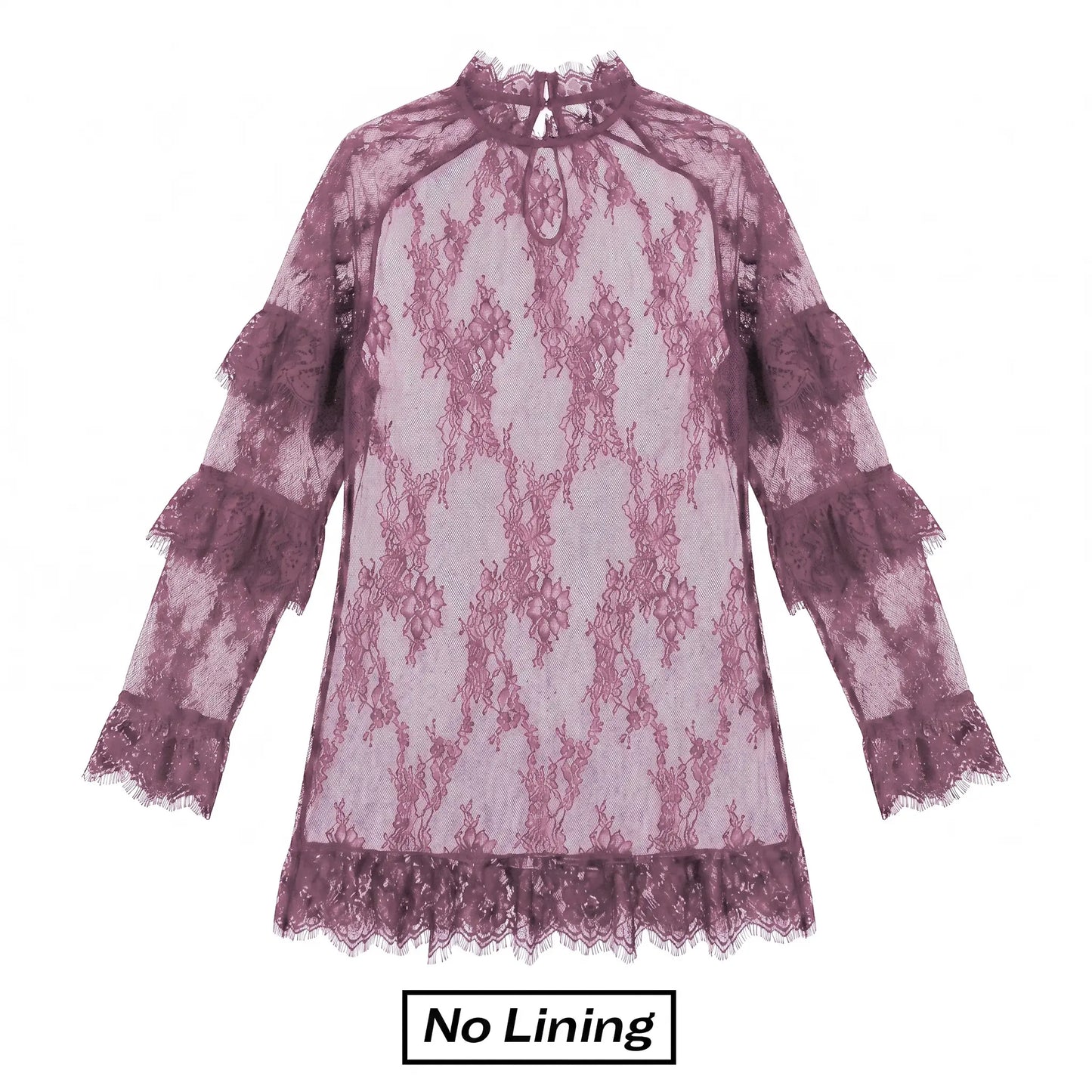 Chicovar NO Lining! Women’S Sheer Black Lace Mini Dress, See Through, Unlined Long Sleeve Crew Neck Elegant Cocktail Dress with Ruffled Hem, Concert, Party, Evening Wear, Summervibes, Fashion