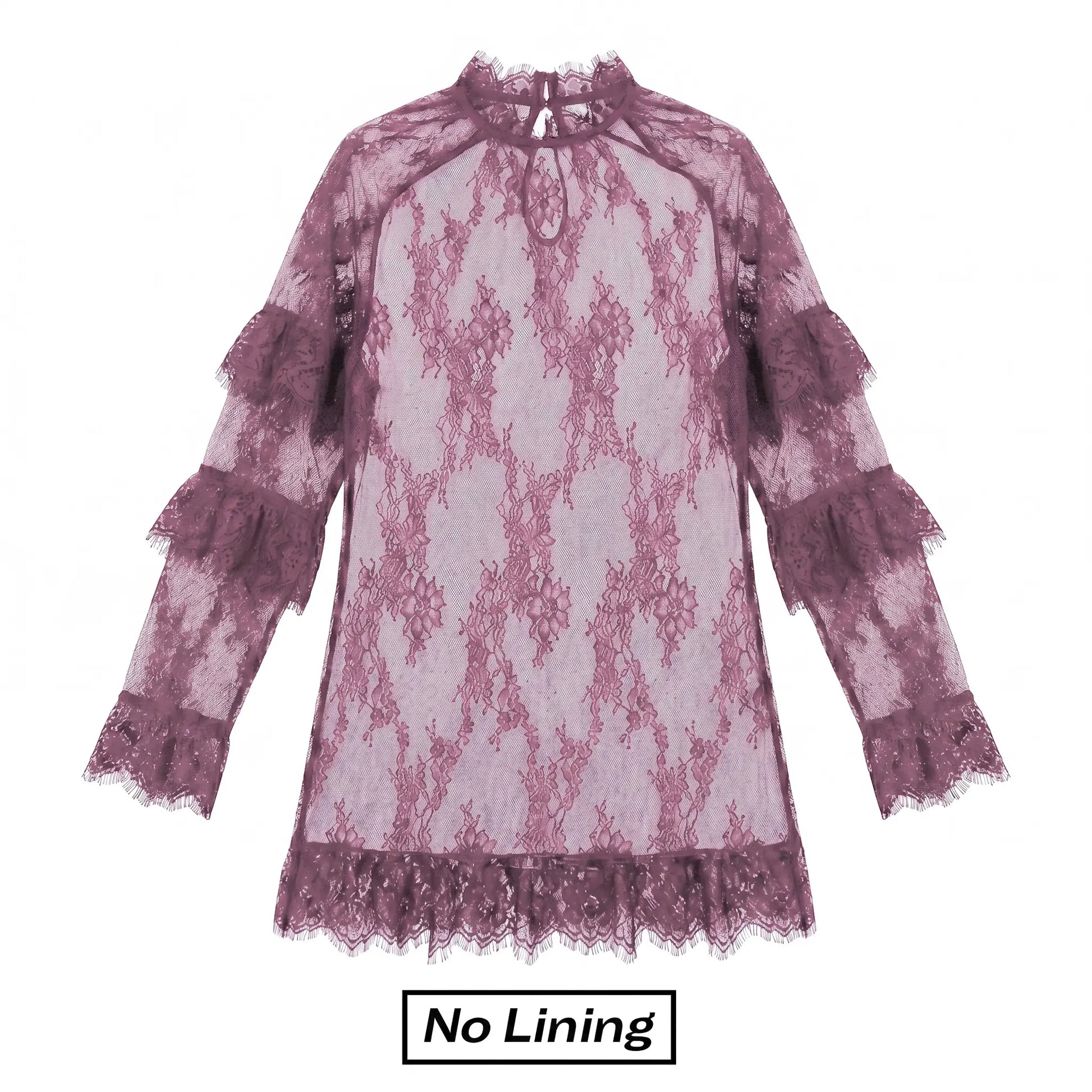 Chicovar NO Lining! Women’S Sheer Black Lace Mini Dress, See Through, Unlined Long Sleeve Crew Neck Elegant Cocktail Dress with Ruffled Hem, Concert, Party, Evening Wear, Summervibes, Fashion