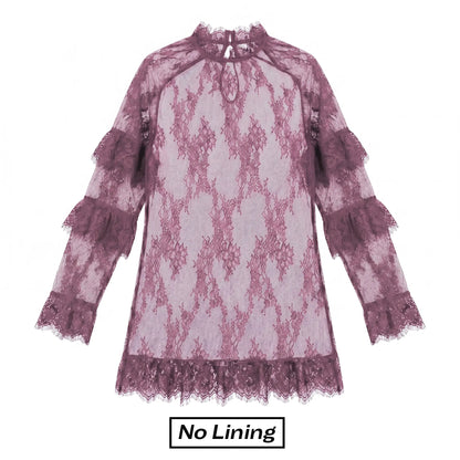 Chicovar NO Lining! Women’S Sheer Black Lace Mini Dress, See Through, Unlined Long Sleeve Crew Neck Elegant Cocktail Dress with Ruffled Hem, Concert, Party, Evening Wear, Summervibes, Fashion