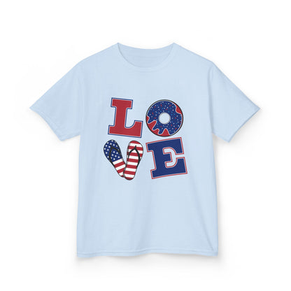 Kids Tee — Patriotic "LOVE" USA Flag Design (4th of July & Memorial Day)