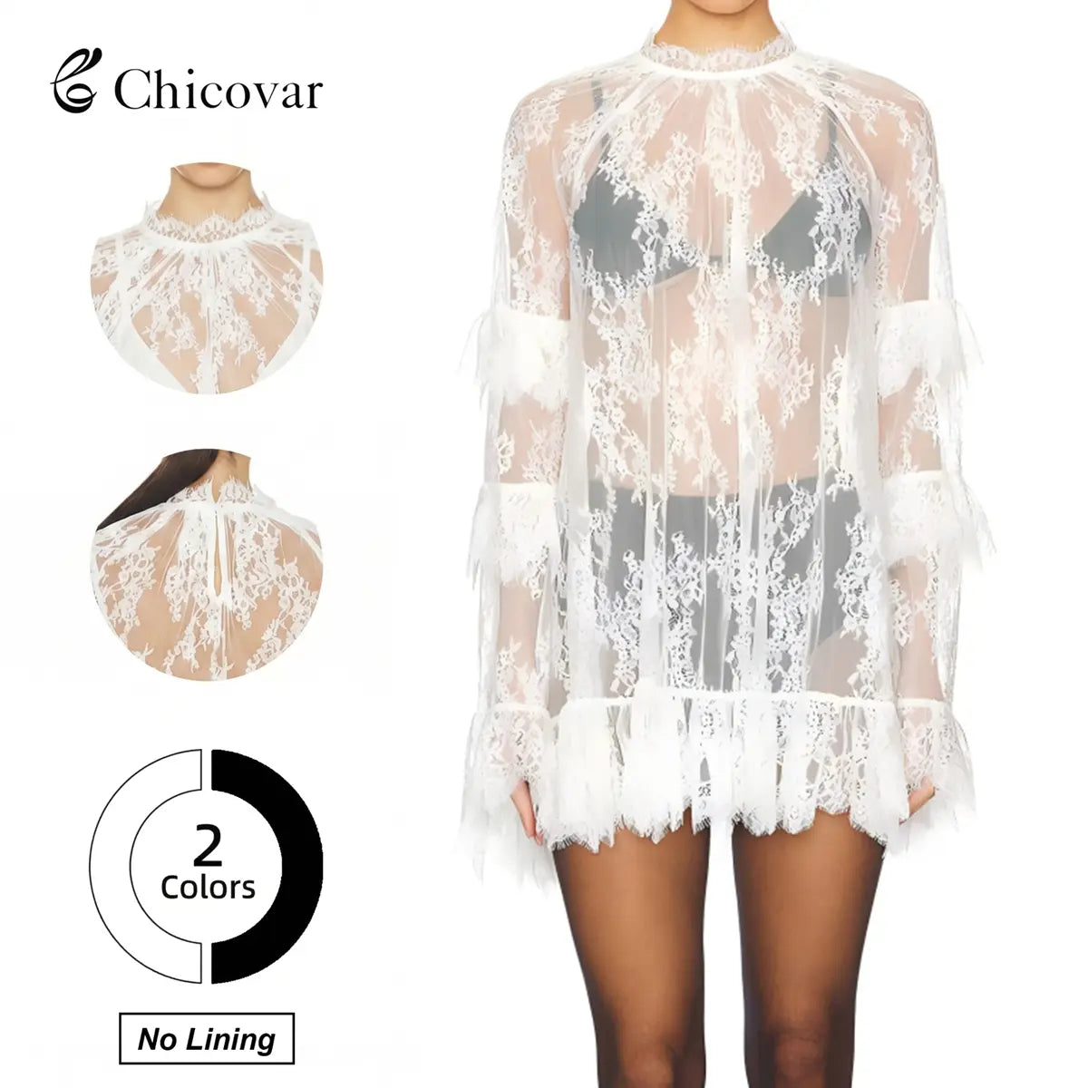 Chicovar NO Lining! Women’S Sheer Black Lace Mini Dress, See Through, Unlined Long Sleeve Crew Neck Elegant Cocktail Dress with Ruffled Hem, Concert, Party, Evening Wear, Summervibes, Fashion