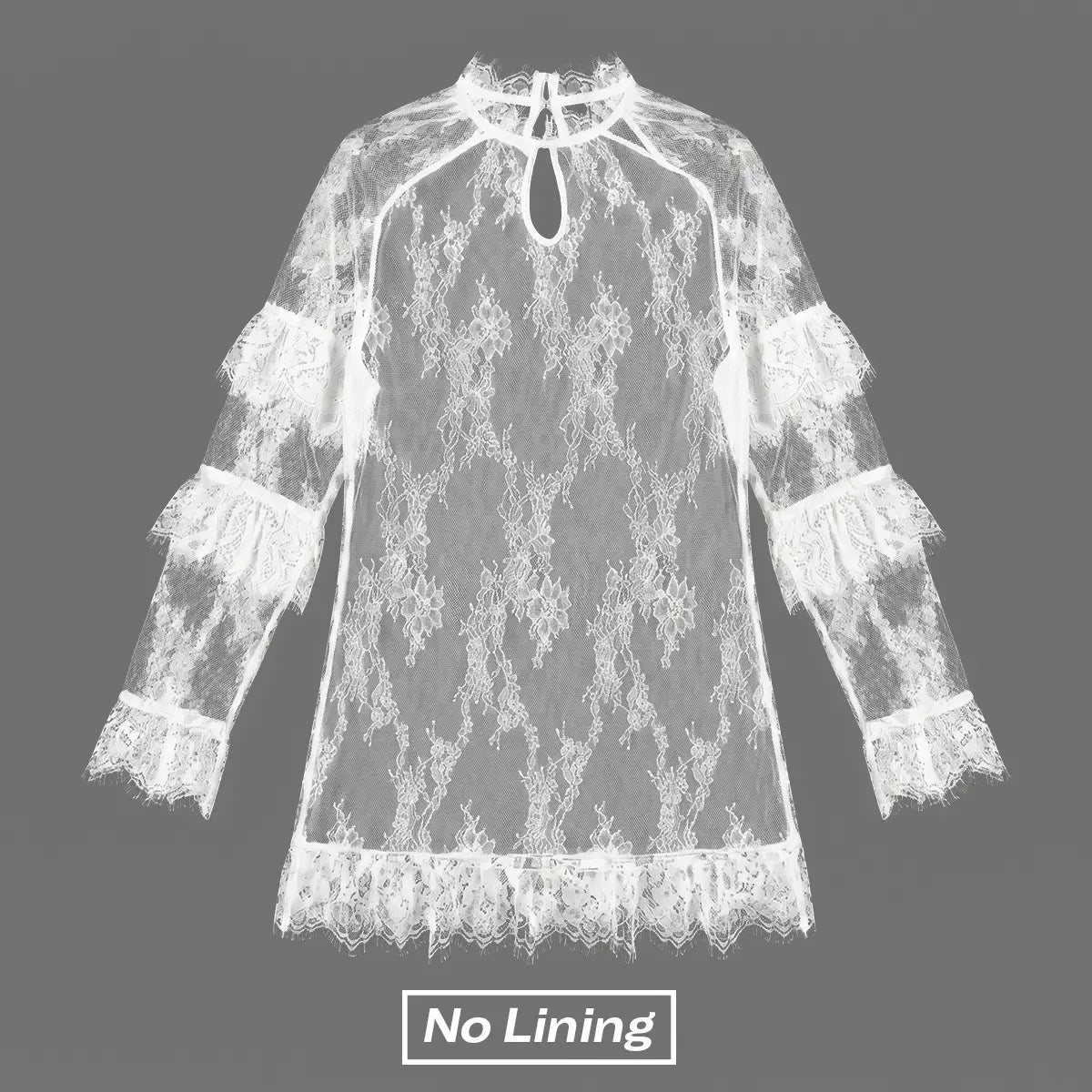 Chicovar NO Lining! Women’S Sheer Black Lace Mini Dress, See Through, Unlined Long Sleeve Crew Neck Elegant Cocktail Dress with Ruffled Hem, Concert, Party, Evening Wear, Summervibes, Fashion