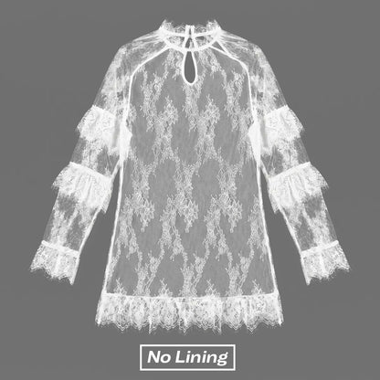Chicovar NO Lining! Women’S Sheer Black Lace Mini Dress, See Through, Unlined Long Sleeve Crew Neck Elegant Cocktail Dress with Ruffled Hem, Concert, Party, Evening Wear, Summervibes, Fashion