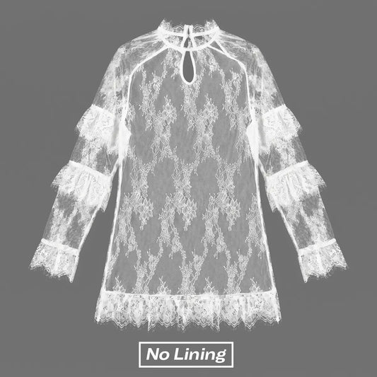 Chicovar NO Lining! Women’S Sheer Black Lace Mini Dress, See Through, Unlined Long Sleeve Crew Neck Elegant Cocktail Dress with Ruffled Hem, Concert, Party, Evening Wear, Summervibes, Fashion