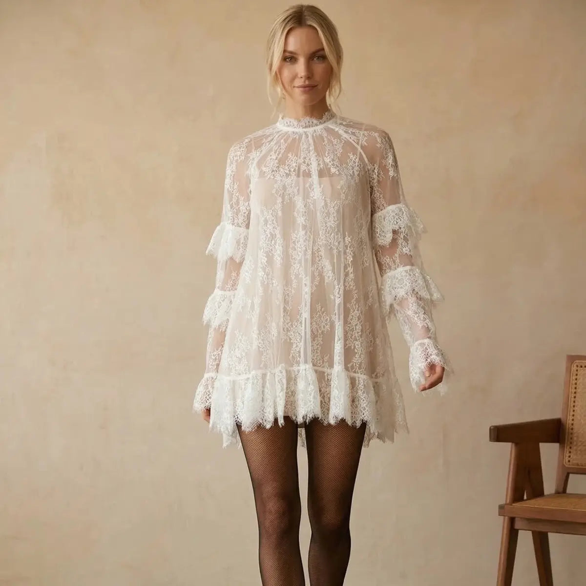 Chicovar NO Lining! Women’S Sheer Black Lace Mini Dress, See Through, Unlined Long Sleeve Crew Neck Elegant Cocktail Dress with Ruffled Hem, Concert, Party, Evening Wear, Summervibes, Fashion