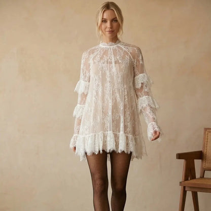 Chicovar NO Lining! Women’S Sheer Black Lace Mini Dress, See Through, Unlined Long Sleeve Crew Neck Elegant Cocktail Dress with Ruffled Hem, Concert, Party, Evening Wear, Summervibes, Fashion