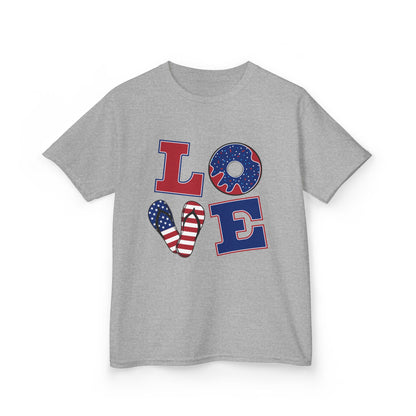 Kids Tee — Patriotic "LOVE" USA Flag Design (4th of July & Memorial Day)