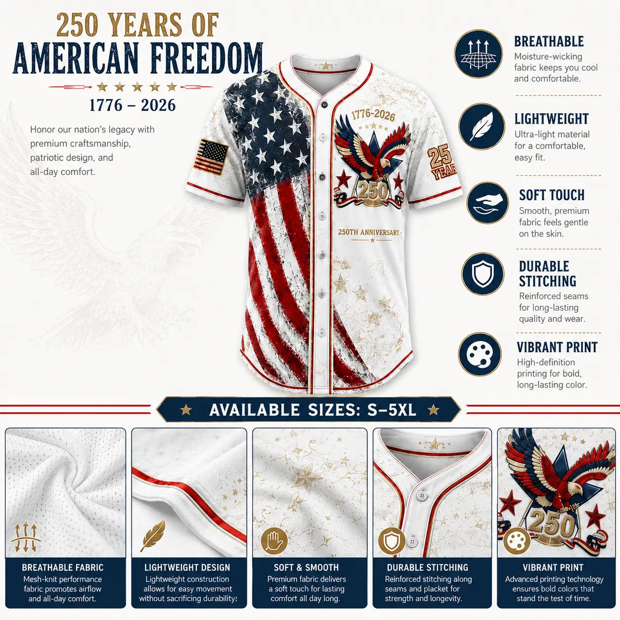 Unisex Patriotic Baseball Jersey, Vintage 250Th Anniversary Button down Shirt with Distressed American Flag Eagle Graphic for 4Th of July Outfits 1776-2026, Clothes, Shirts