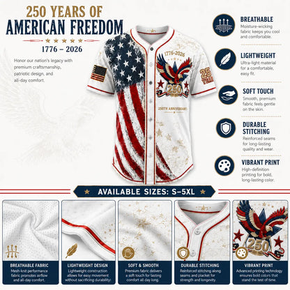 Unisex Patriotic Baseball Jersey, Vintage 250Th Anniversary Button down Shirt with Distressed American Flag Eagle Graphic for 4Th of July Outfits 1776-2026, Clothes, Shirts