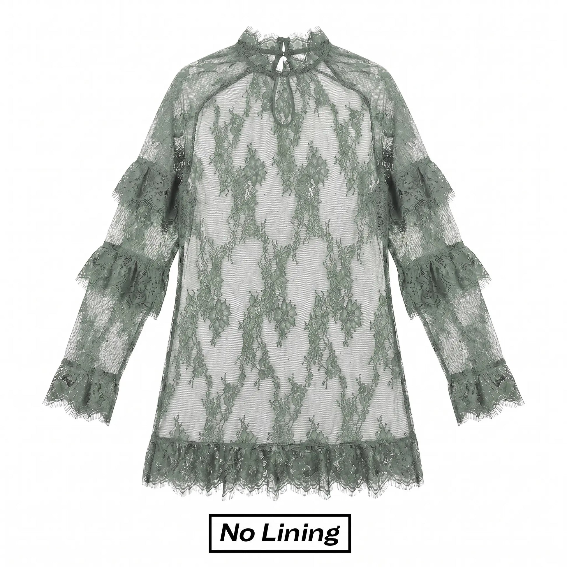 Chicovar NO Lining! Women’S Sheer Black Lace Mini Dress, See Through, Unlined Long Sleeve Crew Neck Elegant Cocktail Dress with Ruffled Hem, Concert, Party, Evening Wear, Summervibes, Fashion