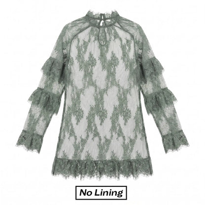 Chicovar NO Lining! Women’S Sheer Black Lace Mini Dress, See Through, Unlined Long Sleeve Crew Neck Elegant Cocktail Dress with Ruffled Hem, Concert, Party, Evening Wear, Summervibes, Fashion