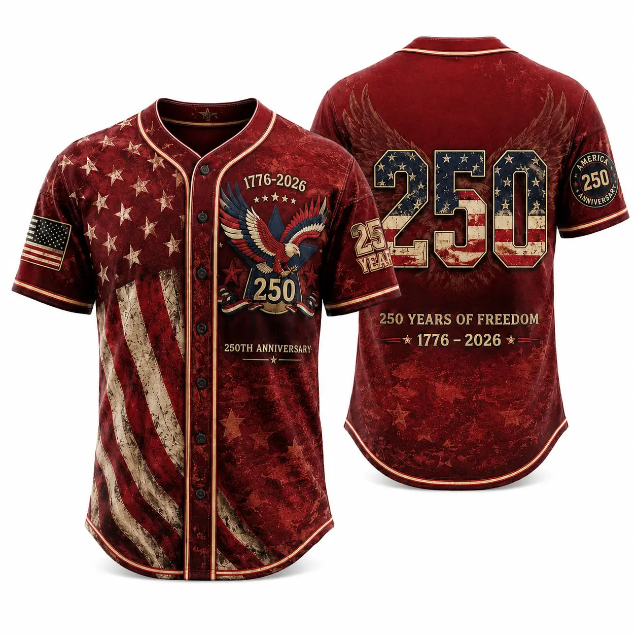 Unisex Patriotic Baseball Jersey, Vintage 250Th Anniversary Button down Shirt with Distressed American Flag Eagle Graphic for 4Th of July Outfits 1776-2026, Clothes, Shirts