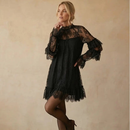 Chicovar NO Lining! Women’S Sheer Black Lace Mini Dress, See Through, Unlined Long Sleeve Crew Neck Elegant Cocktail Dress with Ruffled Hem, Concert, Party, Evening Wear, Summervibes, Fashion
