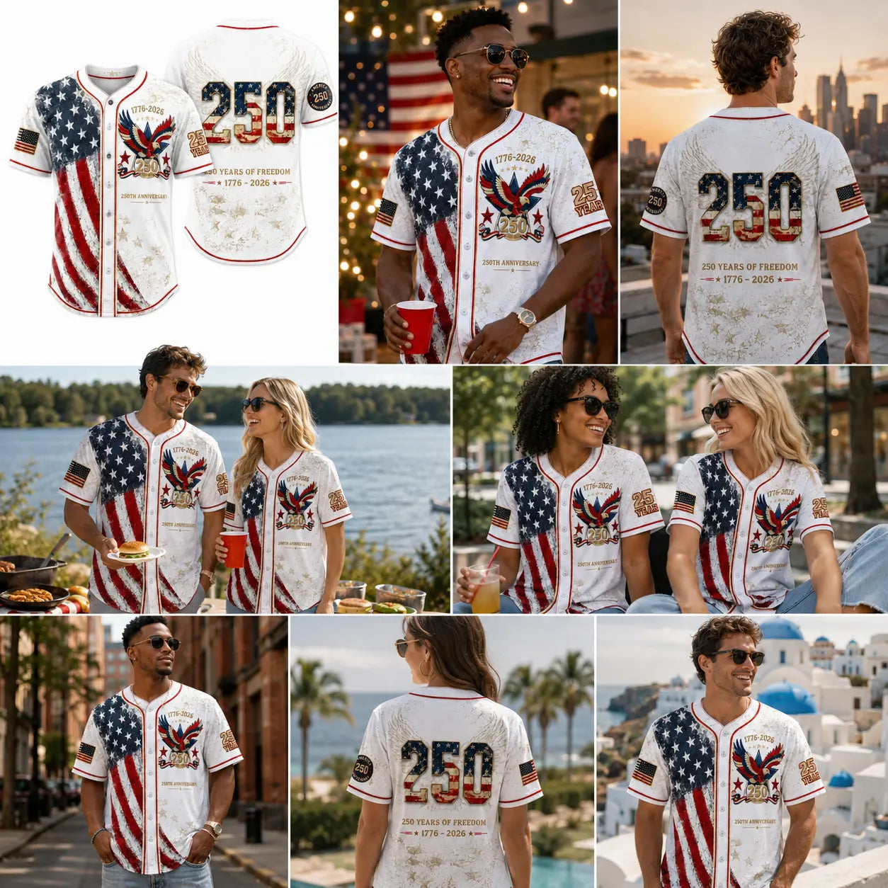 Unisex Patriotic Baseball Jersey, Vintage 250Th Anniversary Button down Shirt with Distressed American Flag Eagle Graphic for 4Th of July Outfits 1776-2026, Clothes, Shirts