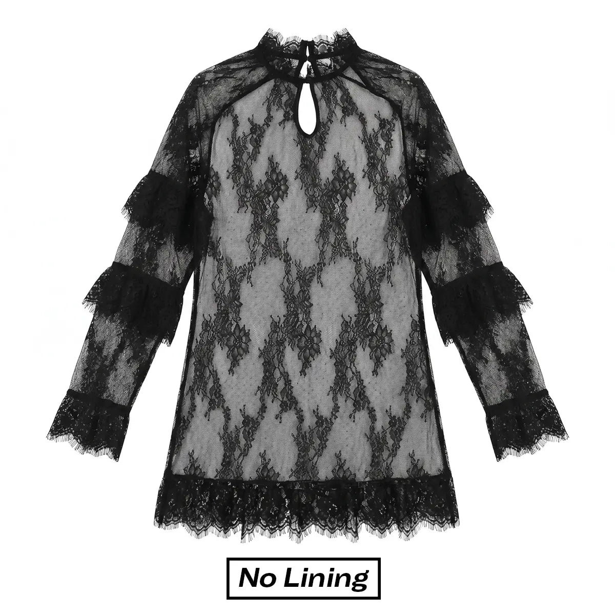 Chicovar NO Lining! Women’S Sheer Black Lace Mini Dress, See Through, Unlined Long Sleeve Crew Neck Elegant Cocktail Dress with Ruffled Hem, Concert, Party, Evening Wear, Summervibes, Fashion