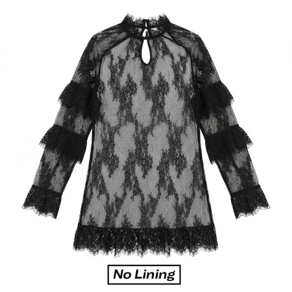 Chicovar NO Lining! Women’S Sheer Black Lace Mini Dress, See Through, Unlined Long Sleeve Crew Neck Elegant Cocktail Dress with Ruffled Hem, Concert, Party, Evening Wear, Summervibes, Fashion