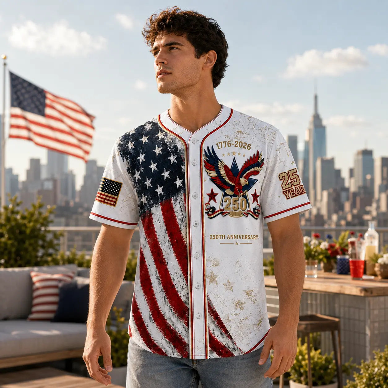 Unisex Patriotic Baseball Jersey, Vintage 250Th Anniversary Button down Shirt with Distressed American Flag Eagle Graphic for 4Th of July Outfits 1776-2026, Clothes, Shirts